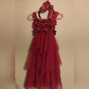 BEAUTIFUL Biscotti Red Layered Tulle Dress w/Floral Embellishments. Girls Size 5